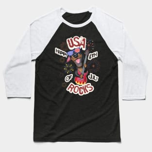 Fun Doxie Dog playing guitar on USA Rocks Happy 4th of July tee Baseball T-Shirt